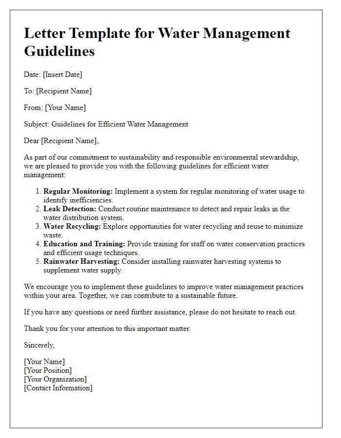 Letter template of guidelines for efficient water management