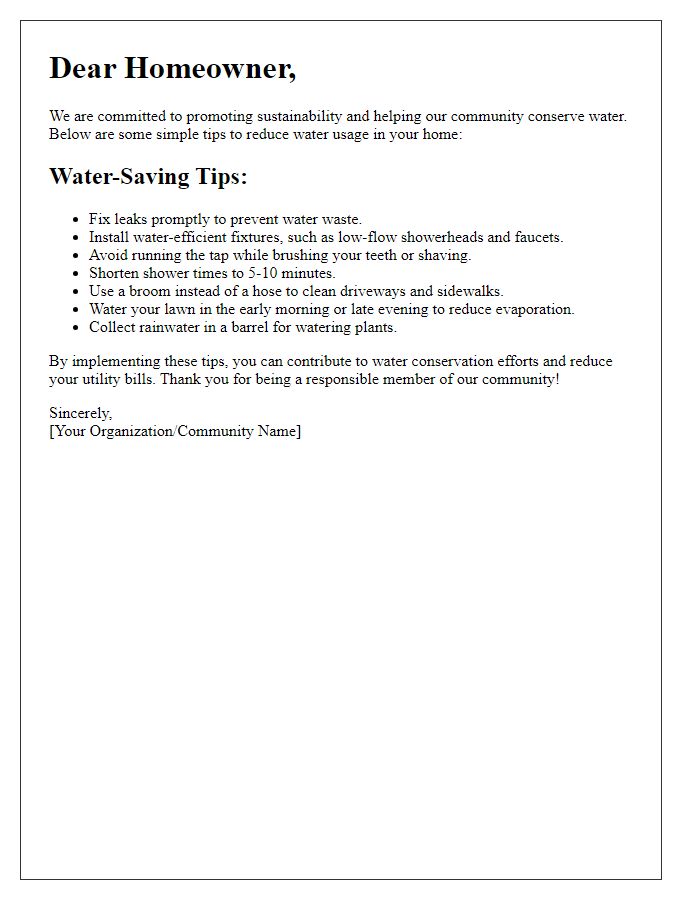 Letter template of residential water-saving tips