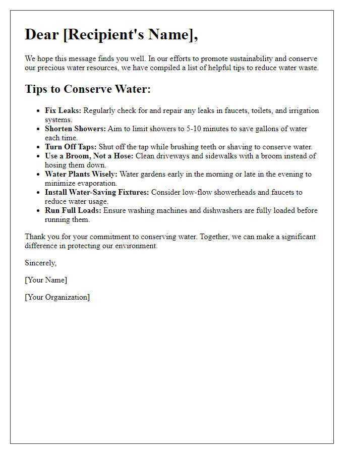 Letter template of tips for reducing water waste