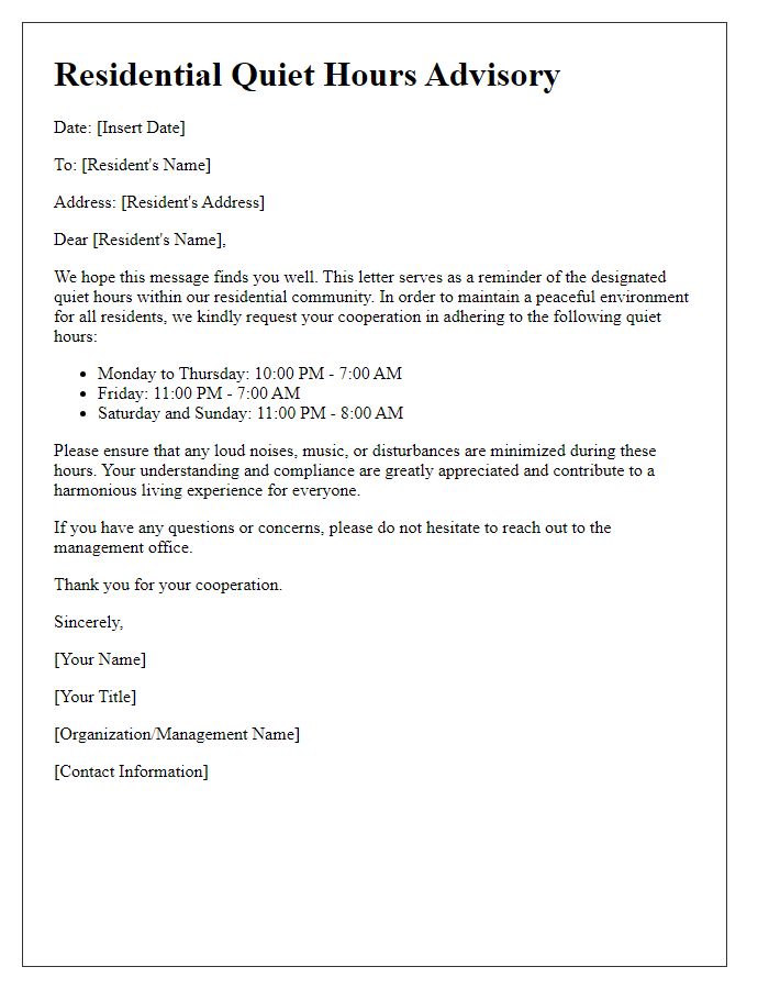 Letter template of Residential Quiet Hours Advisory