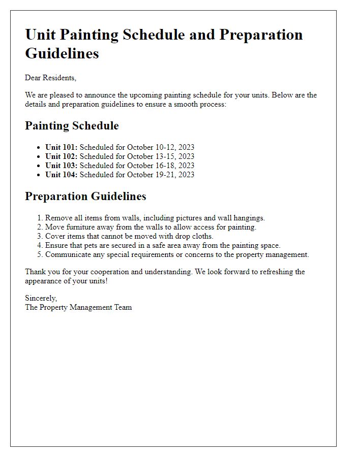 Letter template of unit painting schedule and preparation guidelines