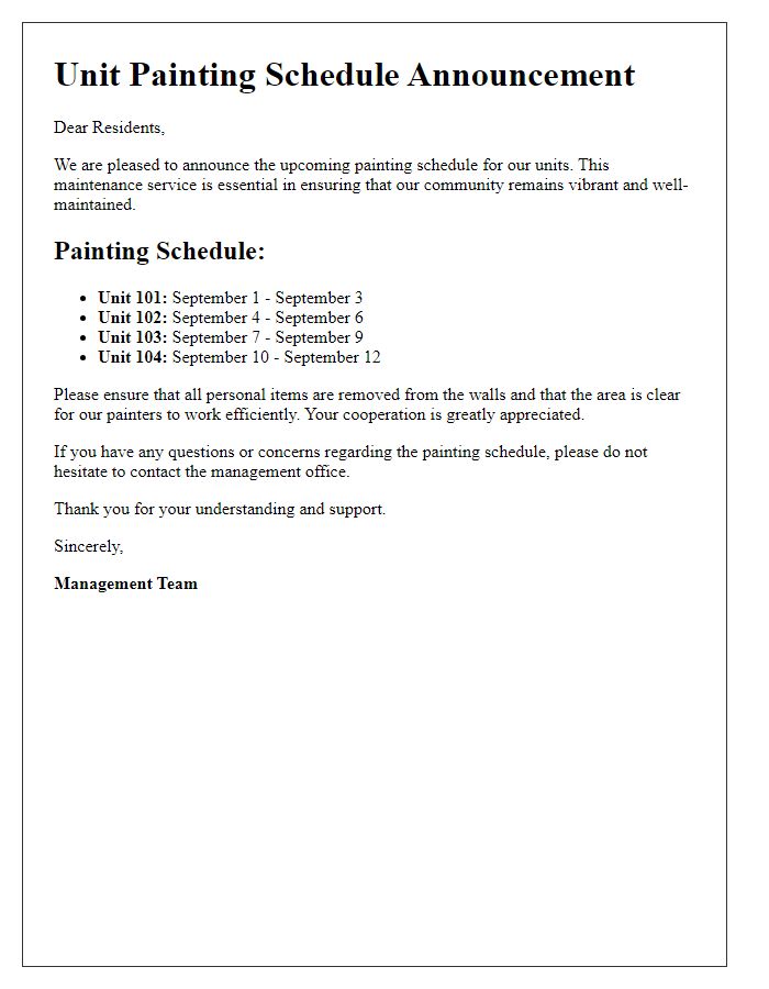 Letter template of unit painting schedule announcement