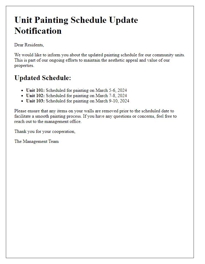 Letter template of unit painting schedule update notification