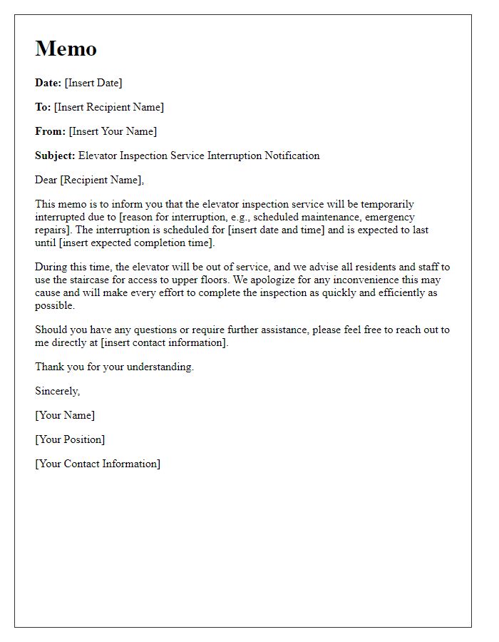 Letter template of elevator inspection service interruption memo