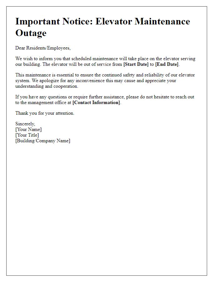 Letter template of elevator maintenance outage announcement