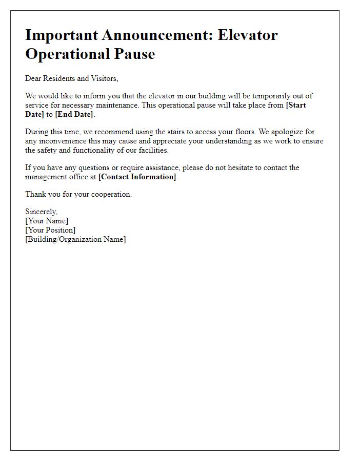 Letter template of elevator operational pause announcement