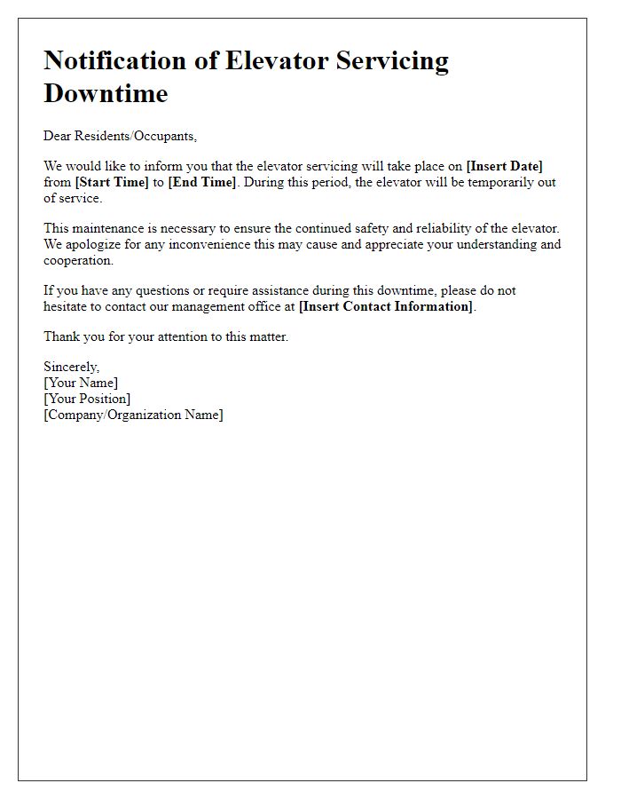 Letter template of elevator servicing downtime communication