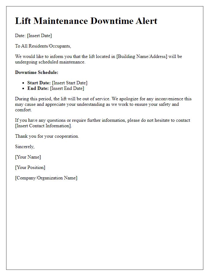 Letter template of lift maintenance downtime alert