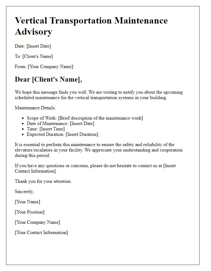 Letter template of vertical transportation maintenance advisory