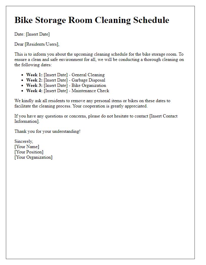 Letter template of bike storage room cleaning schedules