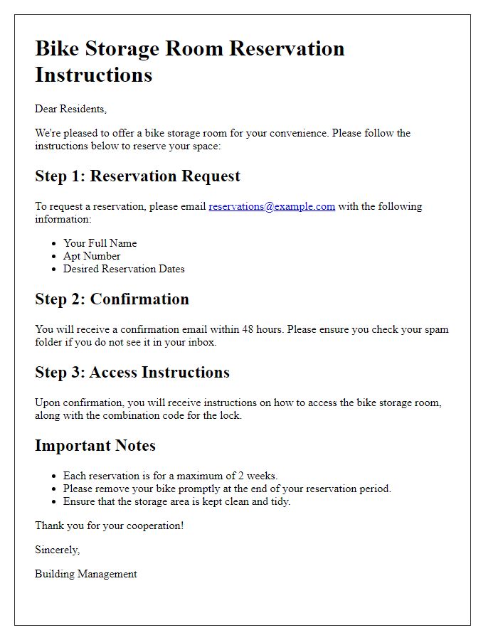 Letter template of bike storage room reservation instructions