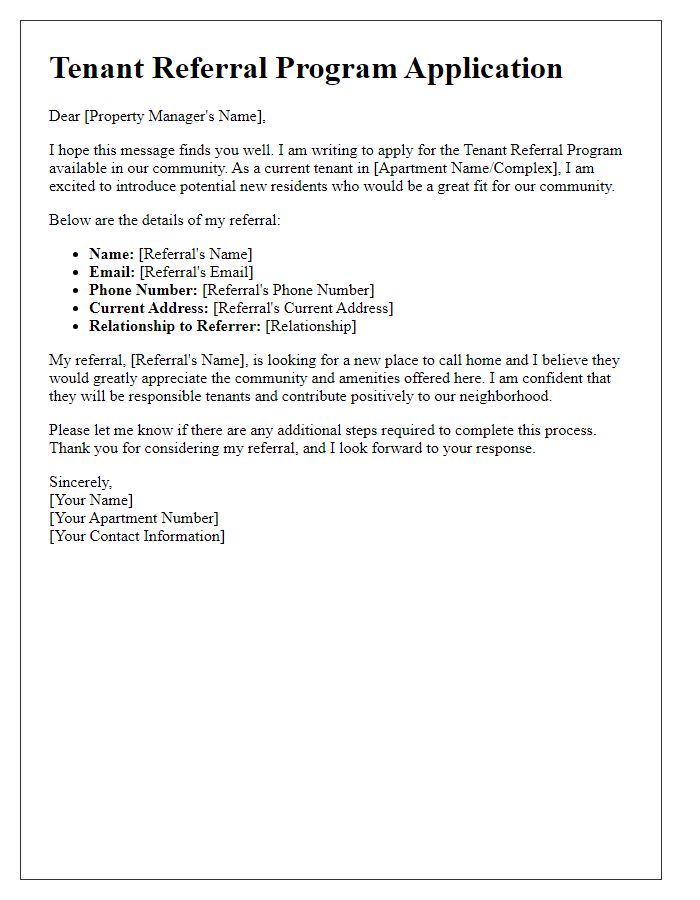 Letter template of tenant referral program application process.