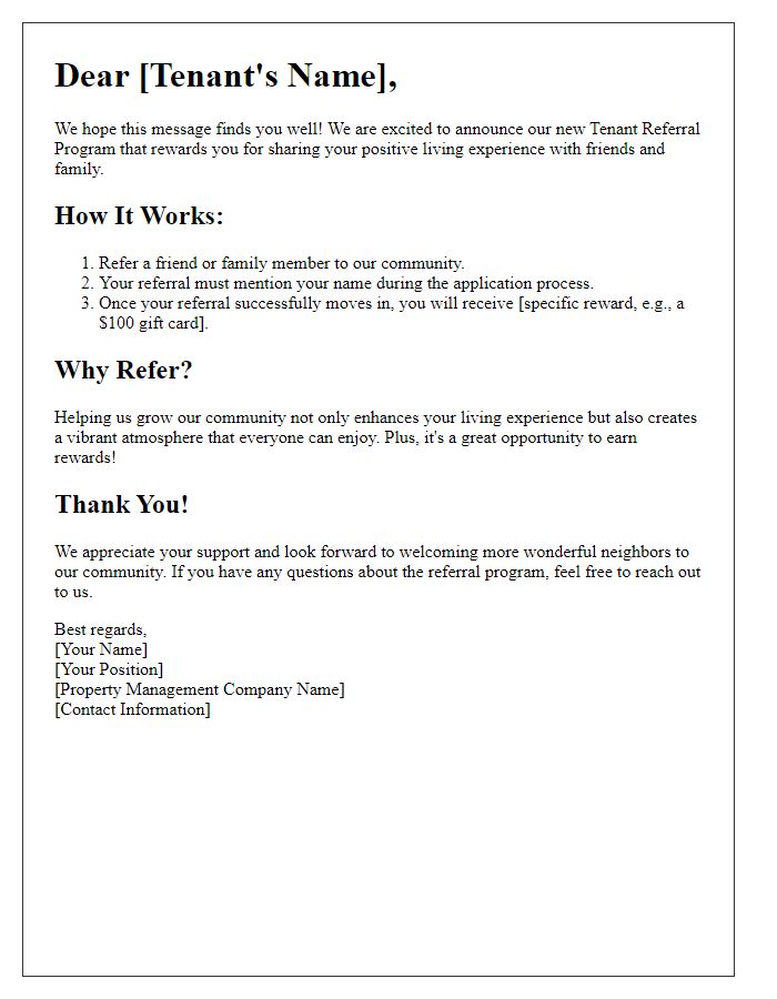 Letter template of tenant referral program for existing tenants.