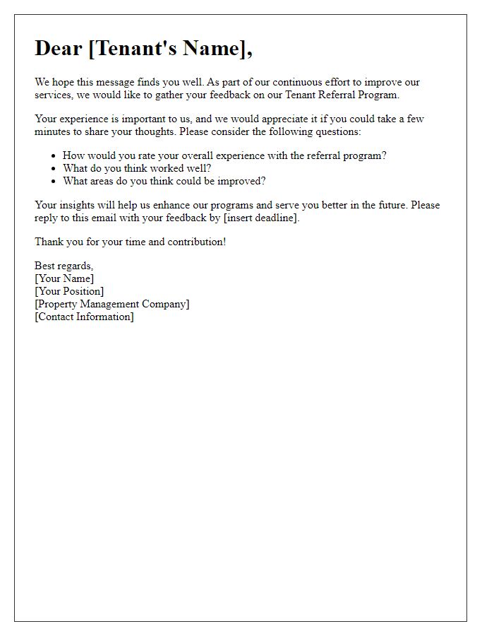 Letter template of tenant referral program feedback request.