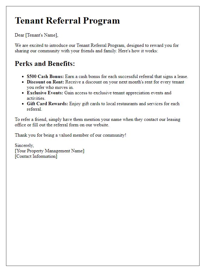 Letter template of tenant referral program perks and benefits.