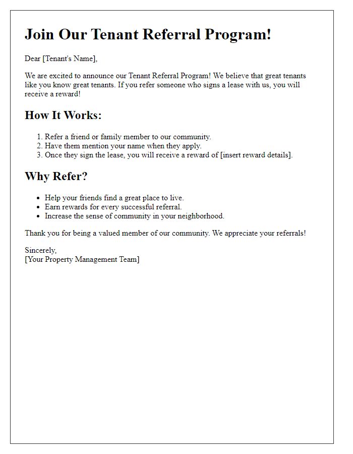 Letter template of tenant referral program promotional materials.