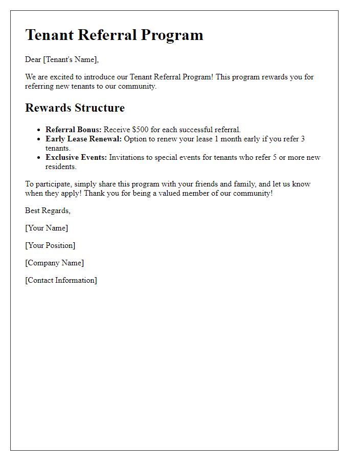 Letter template of tenant referral program rewards structure.