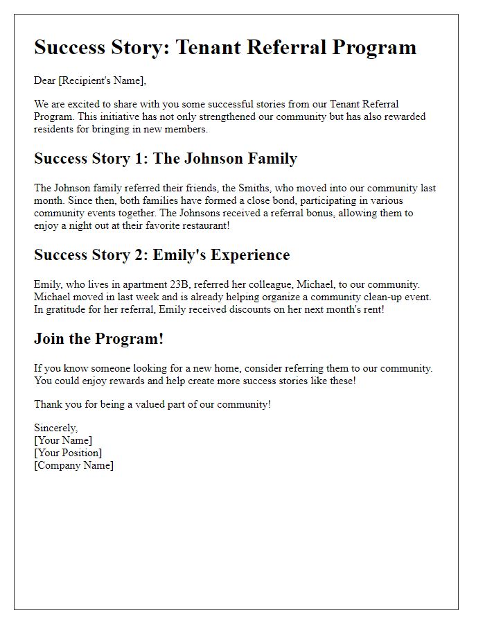 Letter template of tenant referral program success stories.