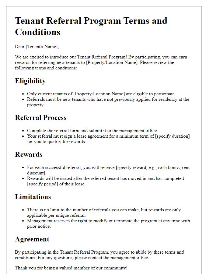 Letter template of tenant referral program terms and conditions.