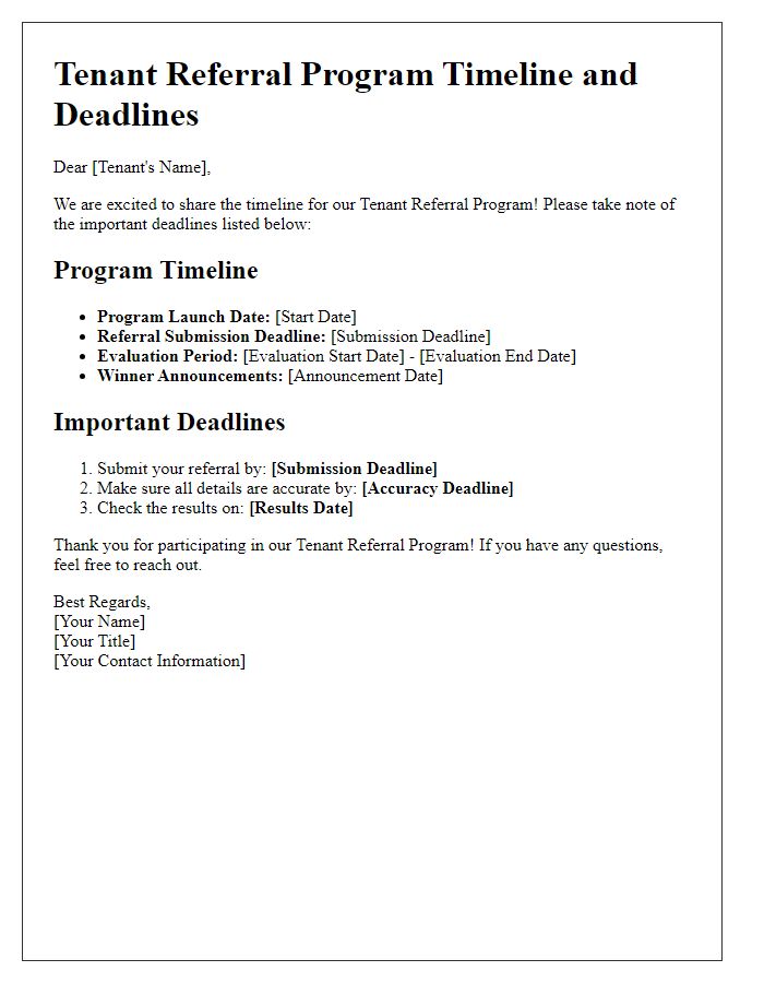 Letter template of tenant referral program timeline and deadlines.