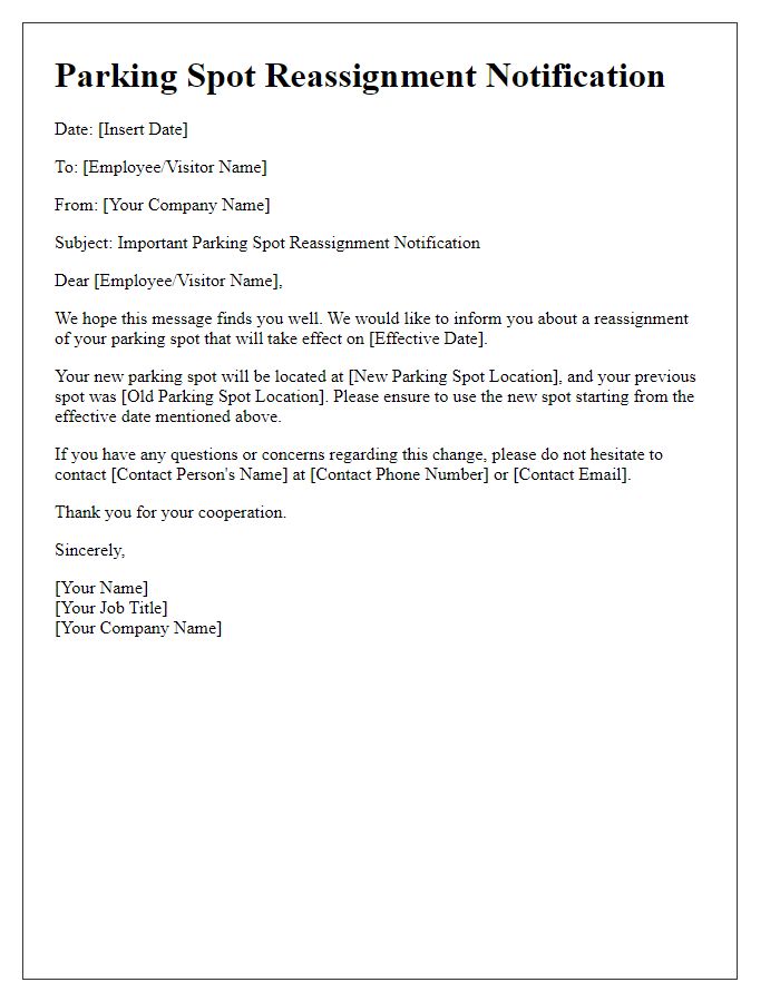 Letter template of parking spot reassignment notification for a business.