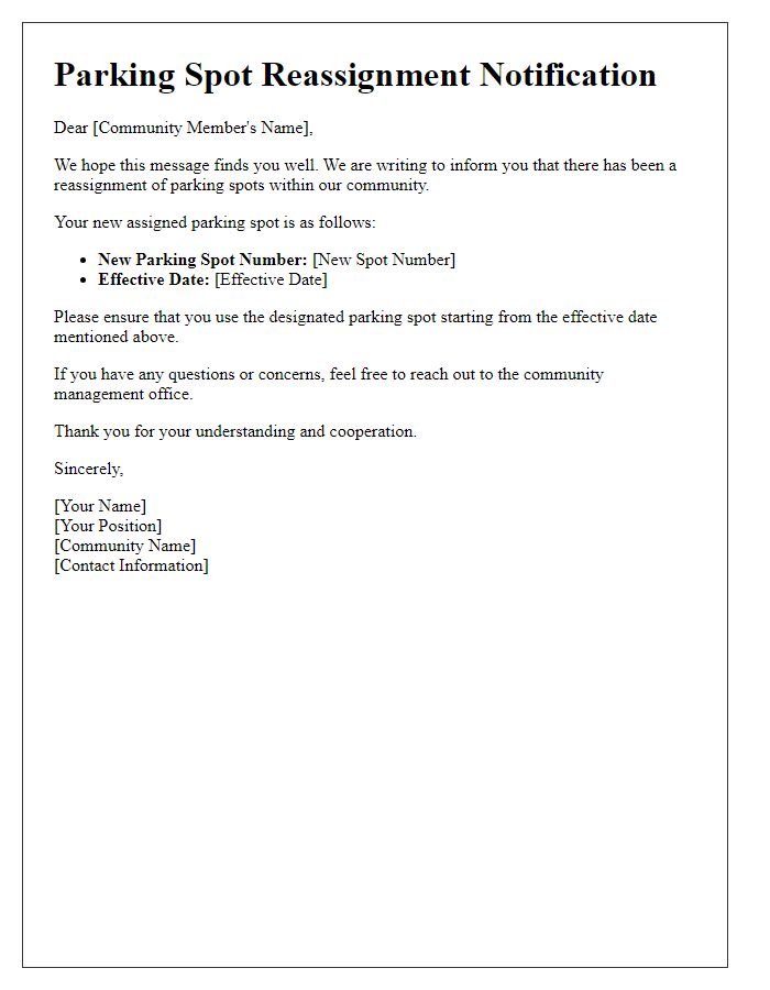 Letter template of parking spot reassignment notification for a community member.