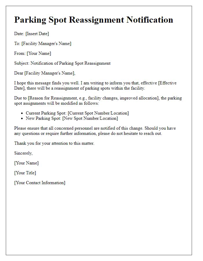 Letter template of parking spot reassignment notification for a facility manager.