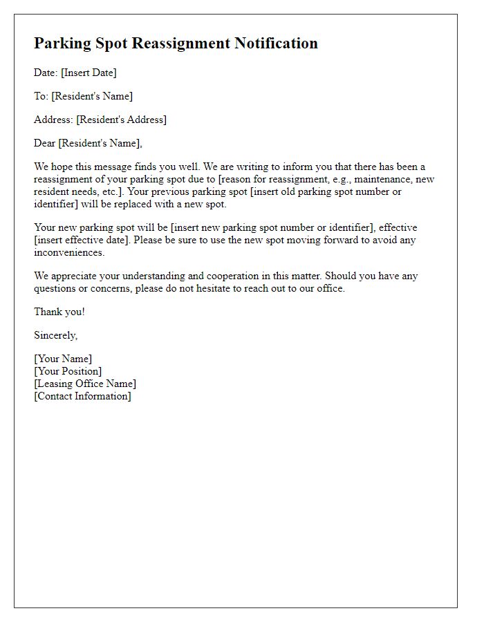 Letter template of parking spot reassignment notification for a leasing agent.