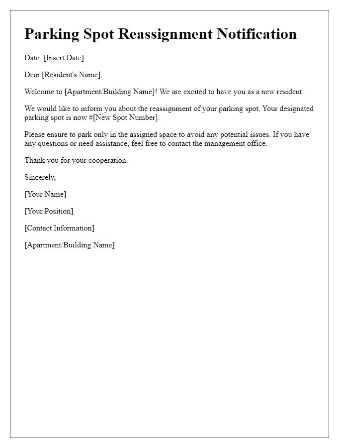 Letter template of parking spot reassignment notification for a new resident.