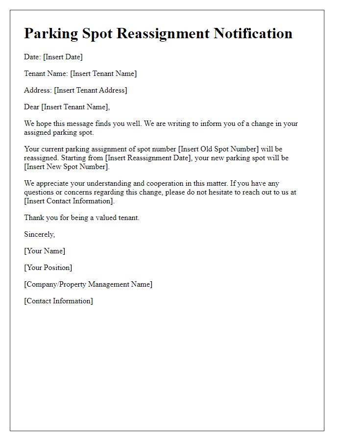 Letter template of parking spot reassignment notification for a tenant.