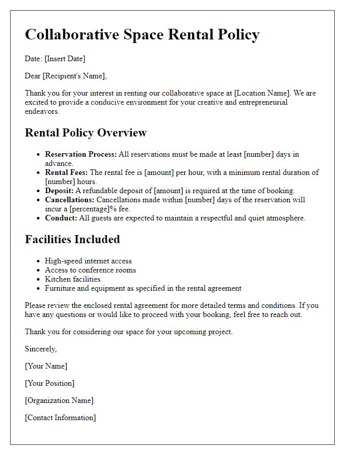 Letter template of collaborative space rental policy