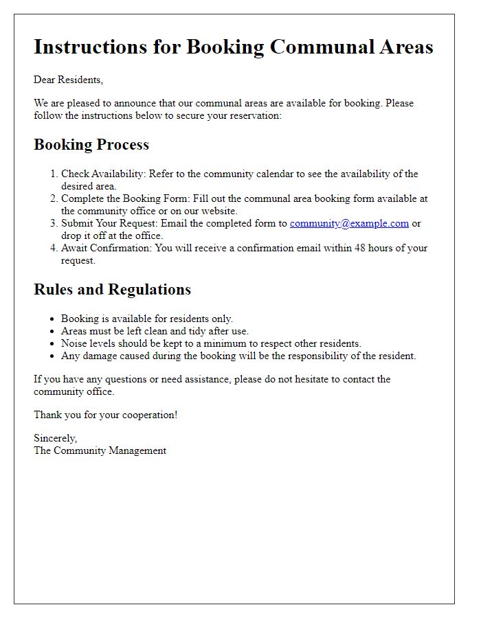 Letter template of communal area booking instructions