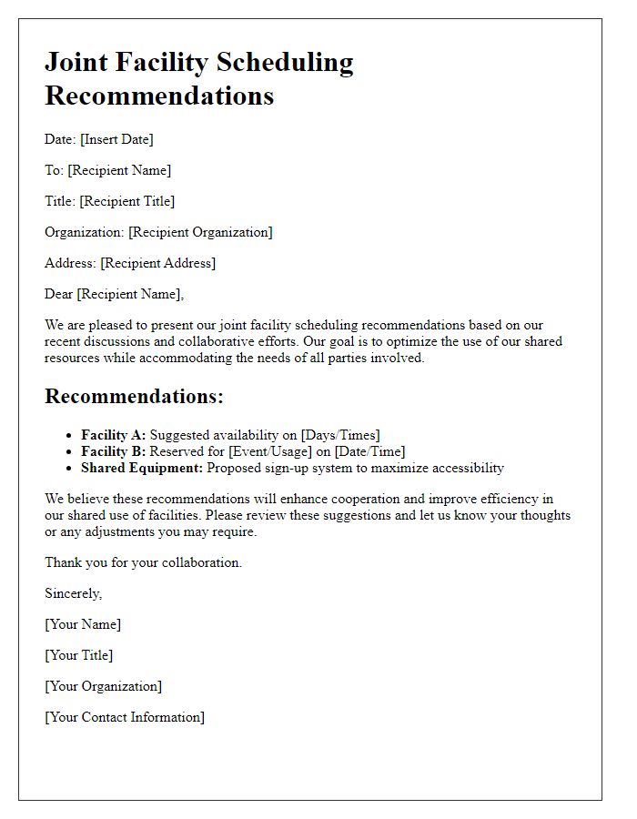 Letter template of joint facility scheduling recommendations