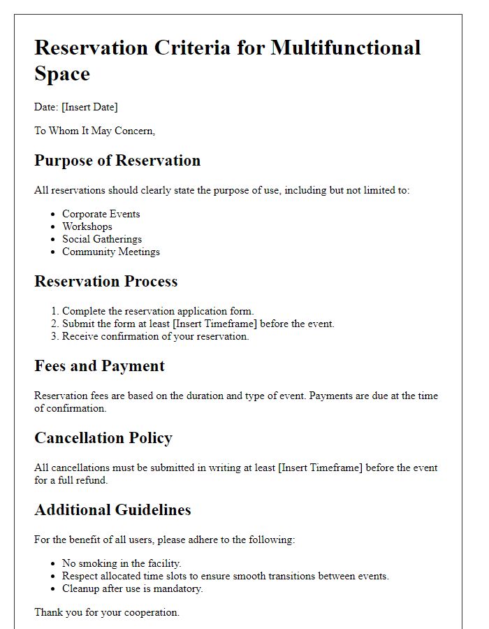 Letter template of multifunctional space reservation criteria