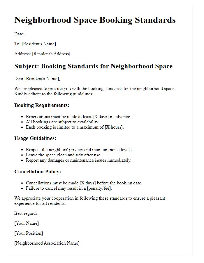 Letter template of neighborhood space booking standards