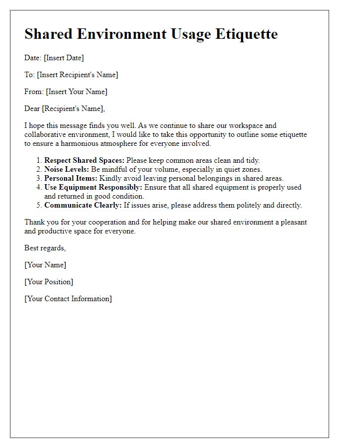 Letter template of shared environment usage etiquette