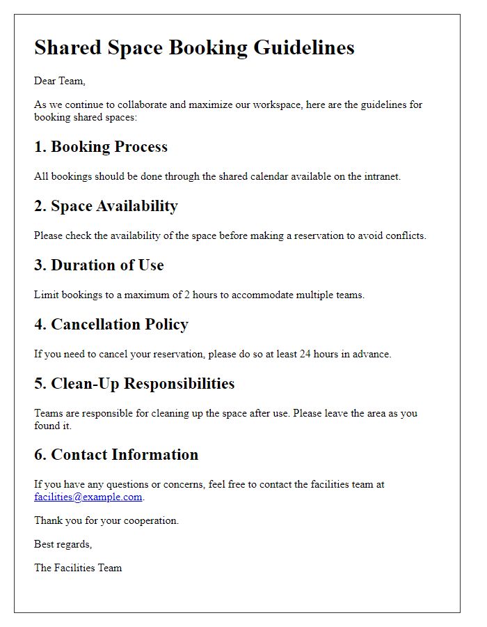 Letter template of shared space booking guidelines for teams