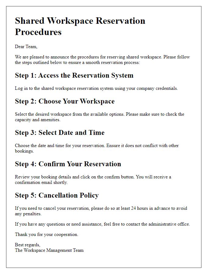 Letter template of shared workspace reservation procedures