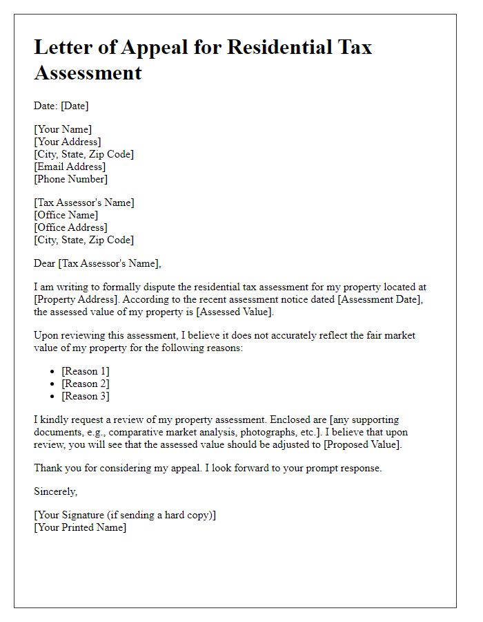 Letter template of residential tax assessment dispute appeal