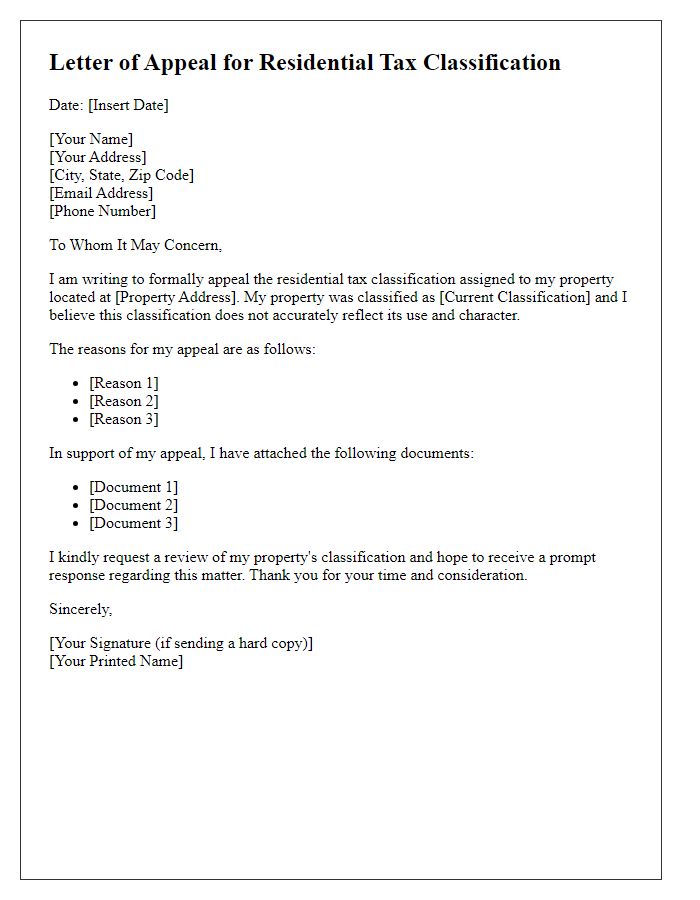 Letter template of residential tax classification appeal