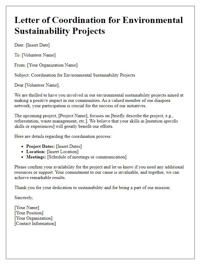 Letter template of diaspora volunteer coordination for environmental sustainability projects.