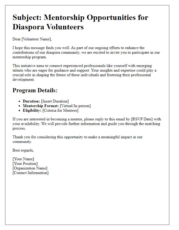 Letter template of diaspora volunteer coordination for mentorship opportunities.