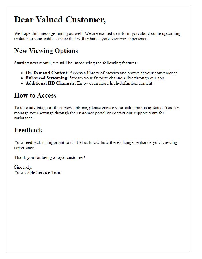 Letter template of cable service update on viewing options