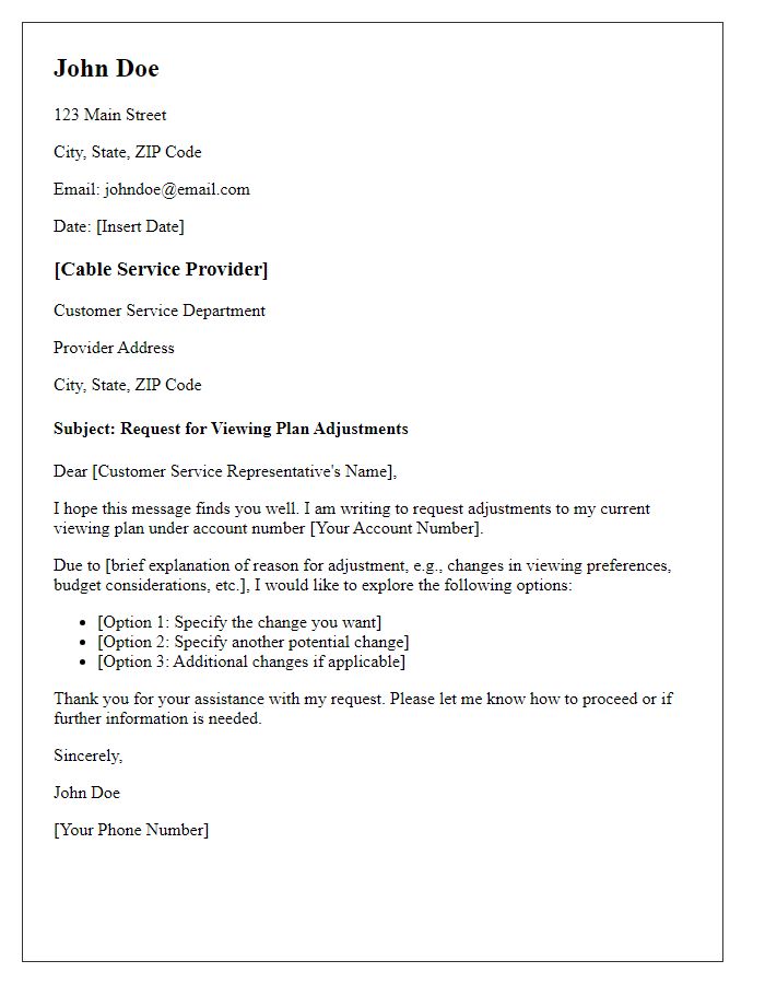 Letter template of cable service viewing plan adjustments