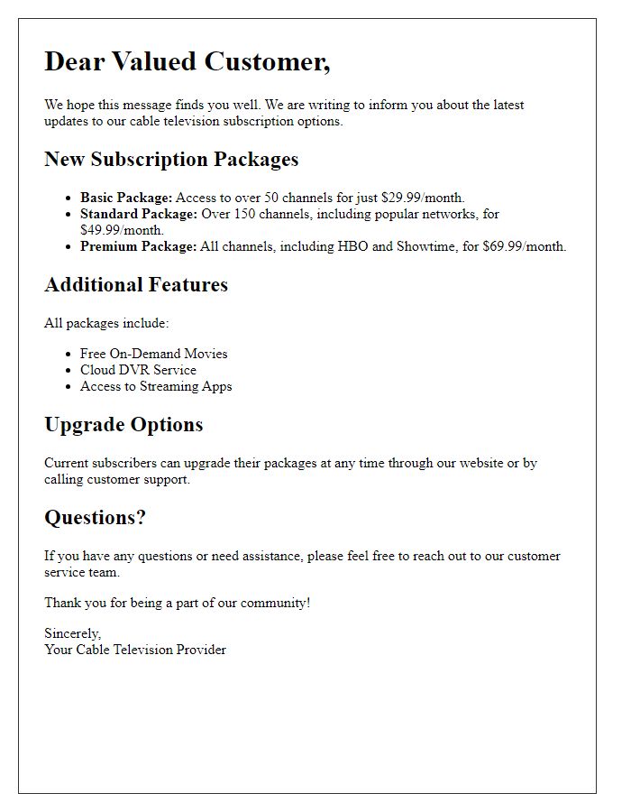 Letter template of cable television subscription options update