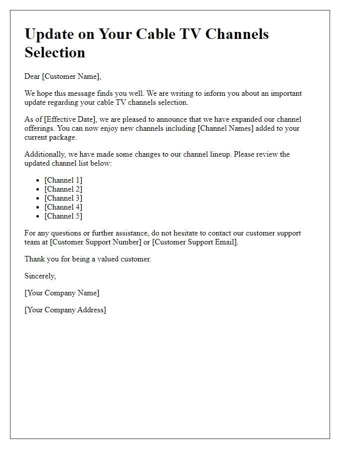 Letter template of cable TV channels selection update