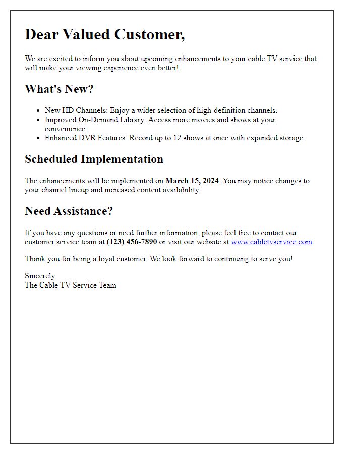 Letter template of cable TV service enhancements notification