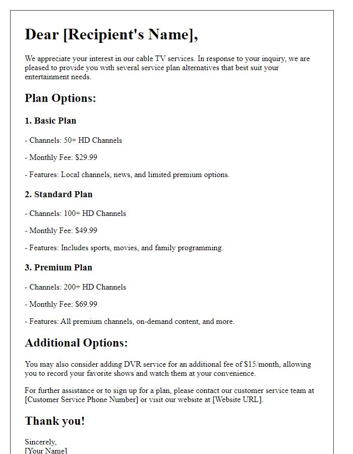 Letter template of cable TV service plan alternatives