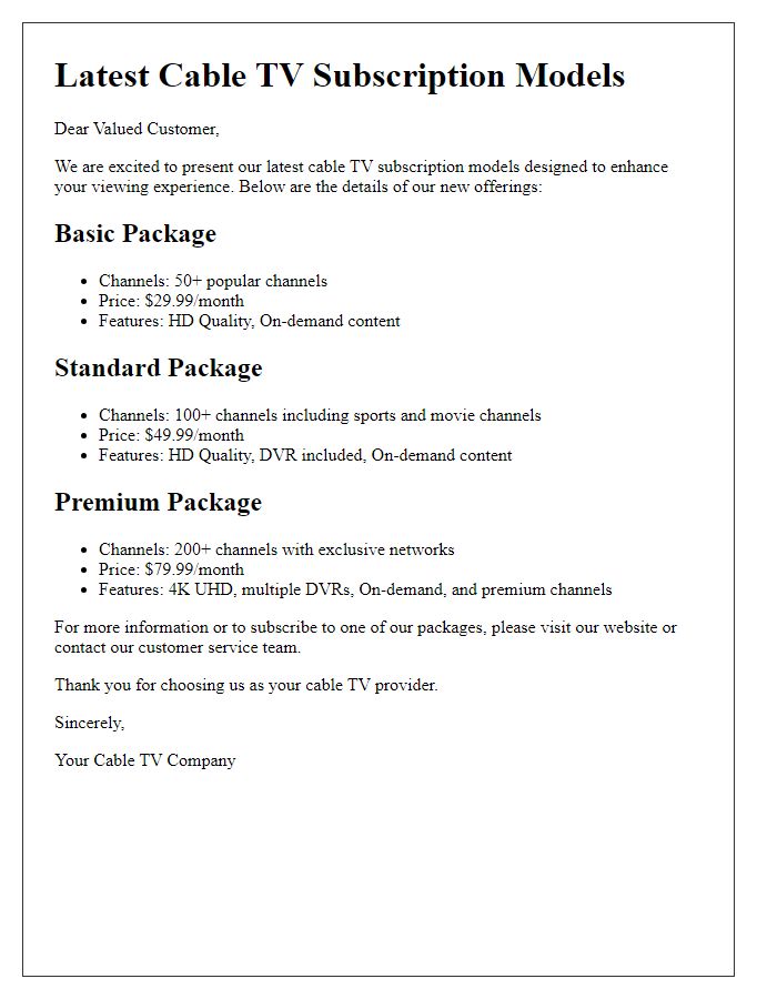 Letter template of latest cable TV subscription models