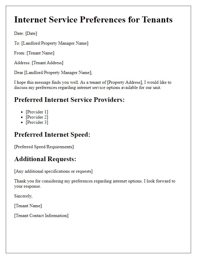 Letter template of Internet Service Preferences for Tenants